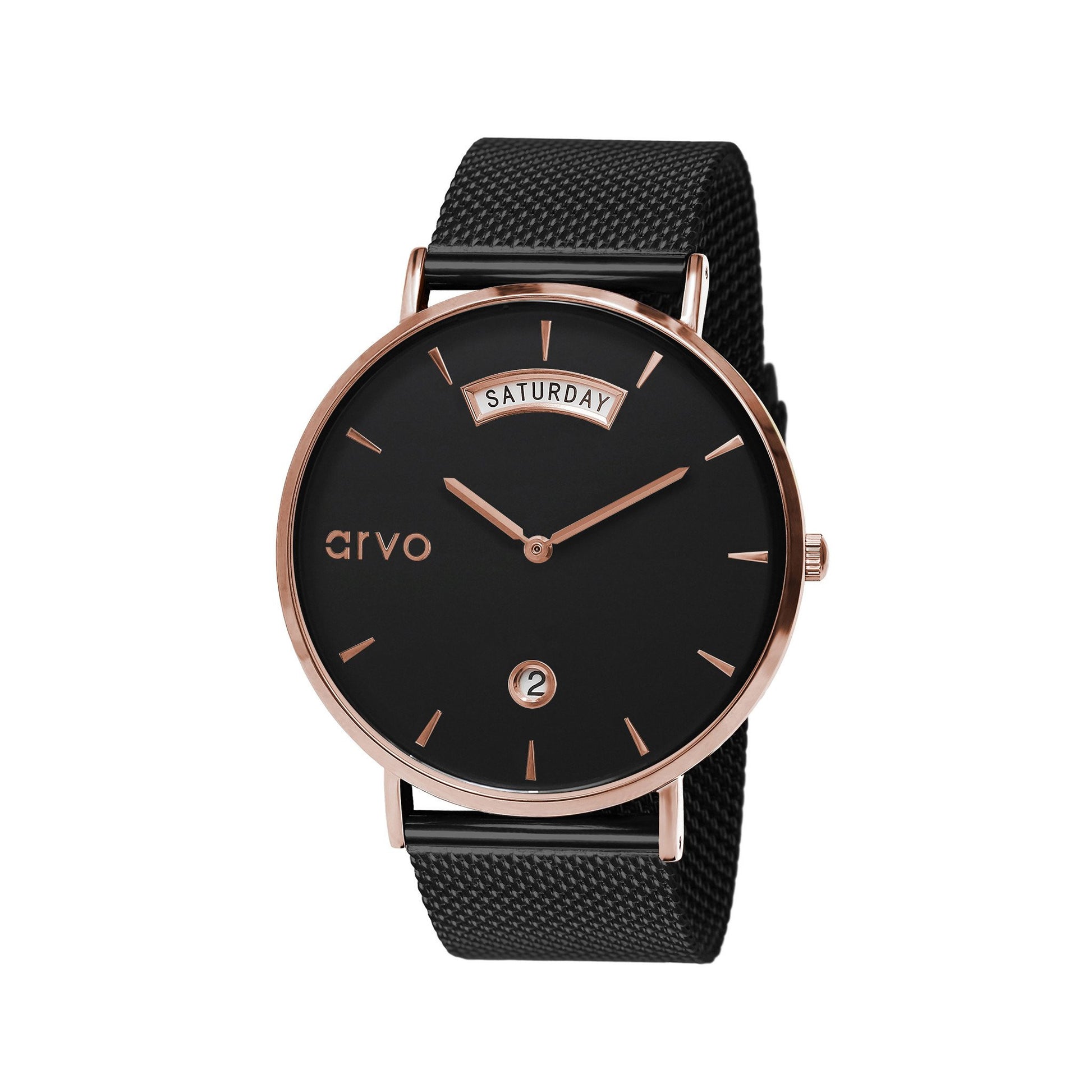 Arvo Black Awristacrat Rose Gold watches for men and women black mesh band