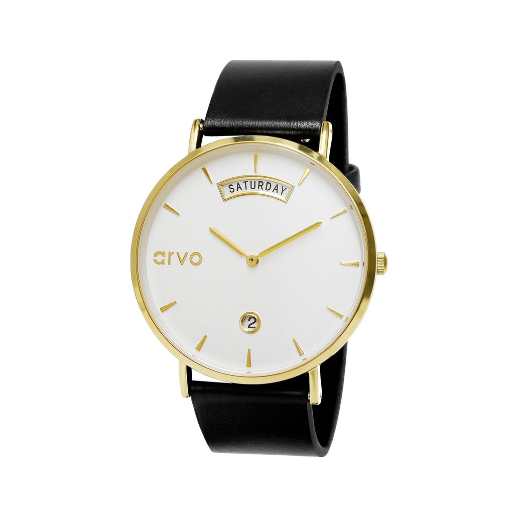 Arvo Awristacrat Watch with white dial, gold case and black leather band