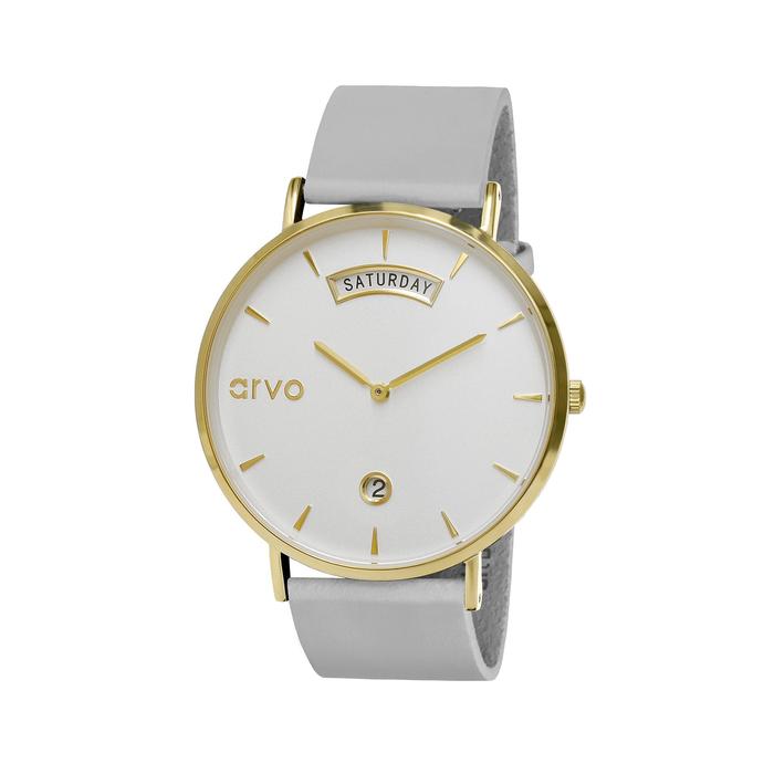 Arvo Awristacrat watches with white dial gold case and gray leather band for men and women