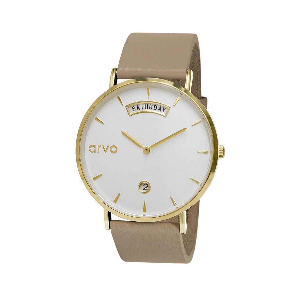 Arvo Awristacrat gold watches for women with white dial, gold case, and nude or tan leather band