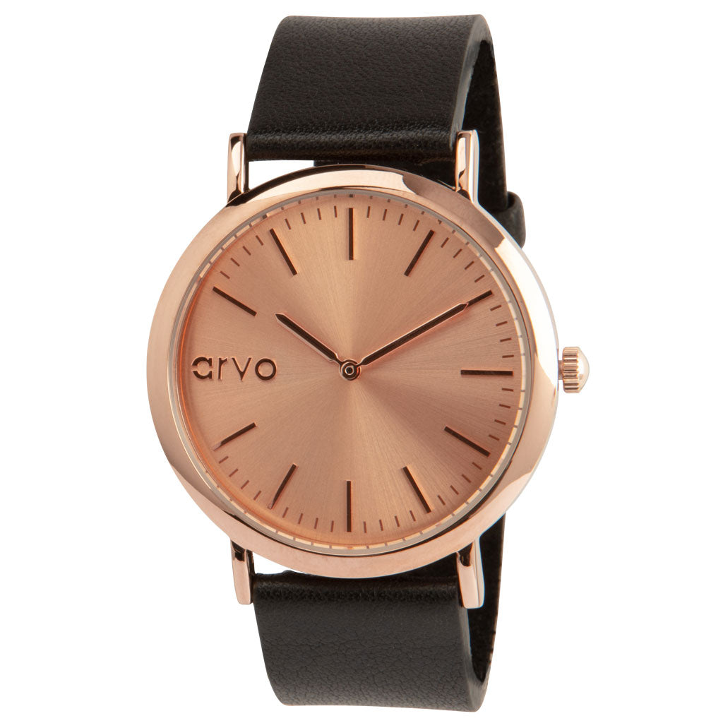 Arvo Rose Time Sawyer with rose gold dial, rose gold case and a black leather watch band