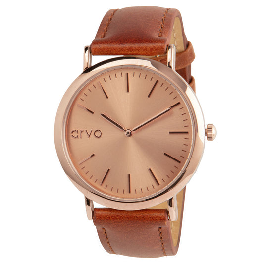 Arvo Rose Time Sawyer Watch for men and women with rose gold dial and rose gold case with a brown stitched leather band