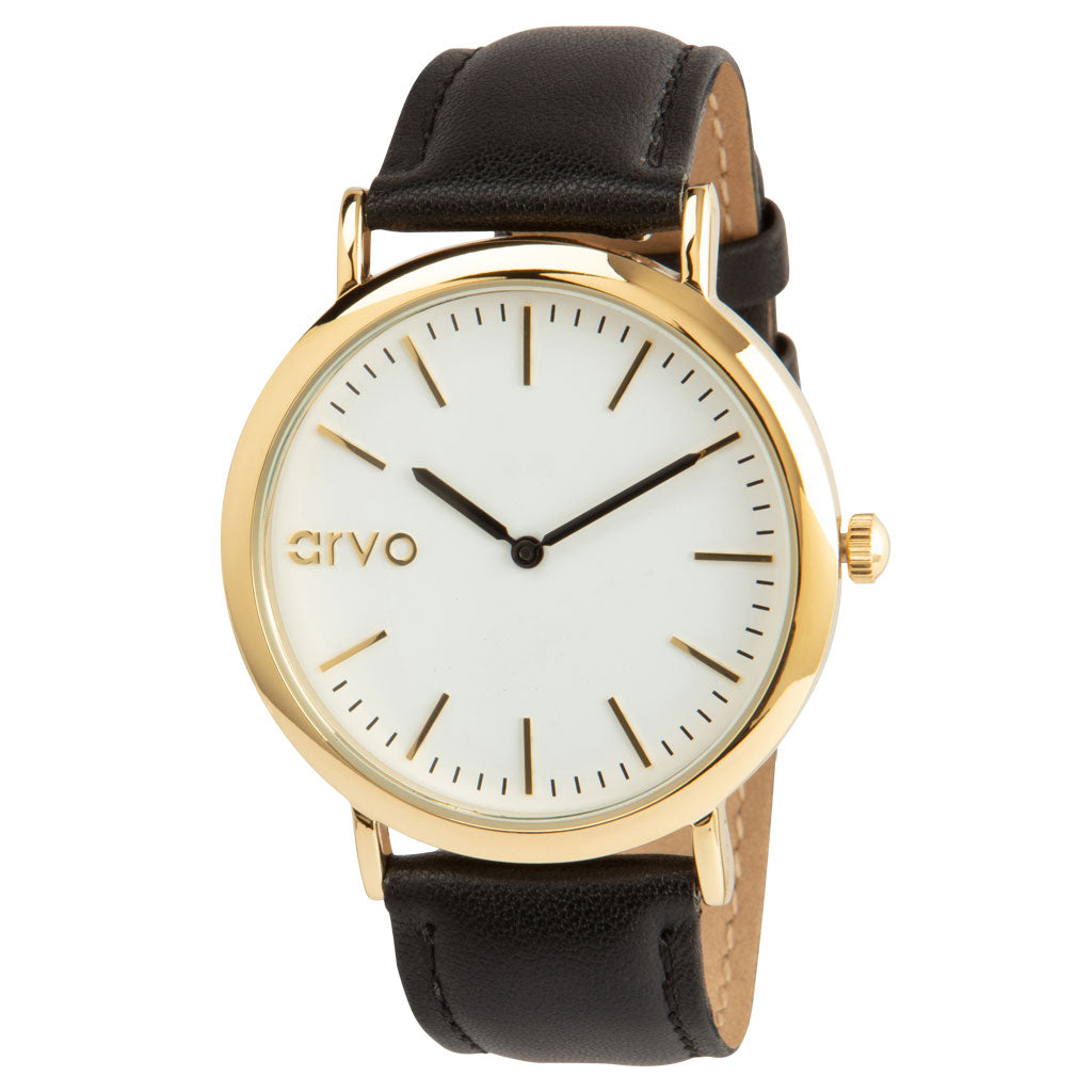 Arvo Time Sawyer Watch for men and women with white dial, gold case, and black leather band