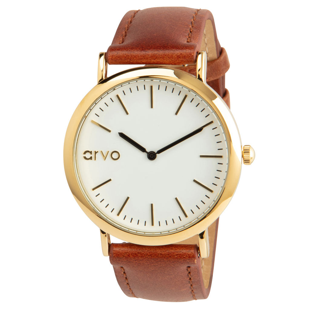 Time Sawyer watch for men and women white dial, gold case, and brown leather band 
