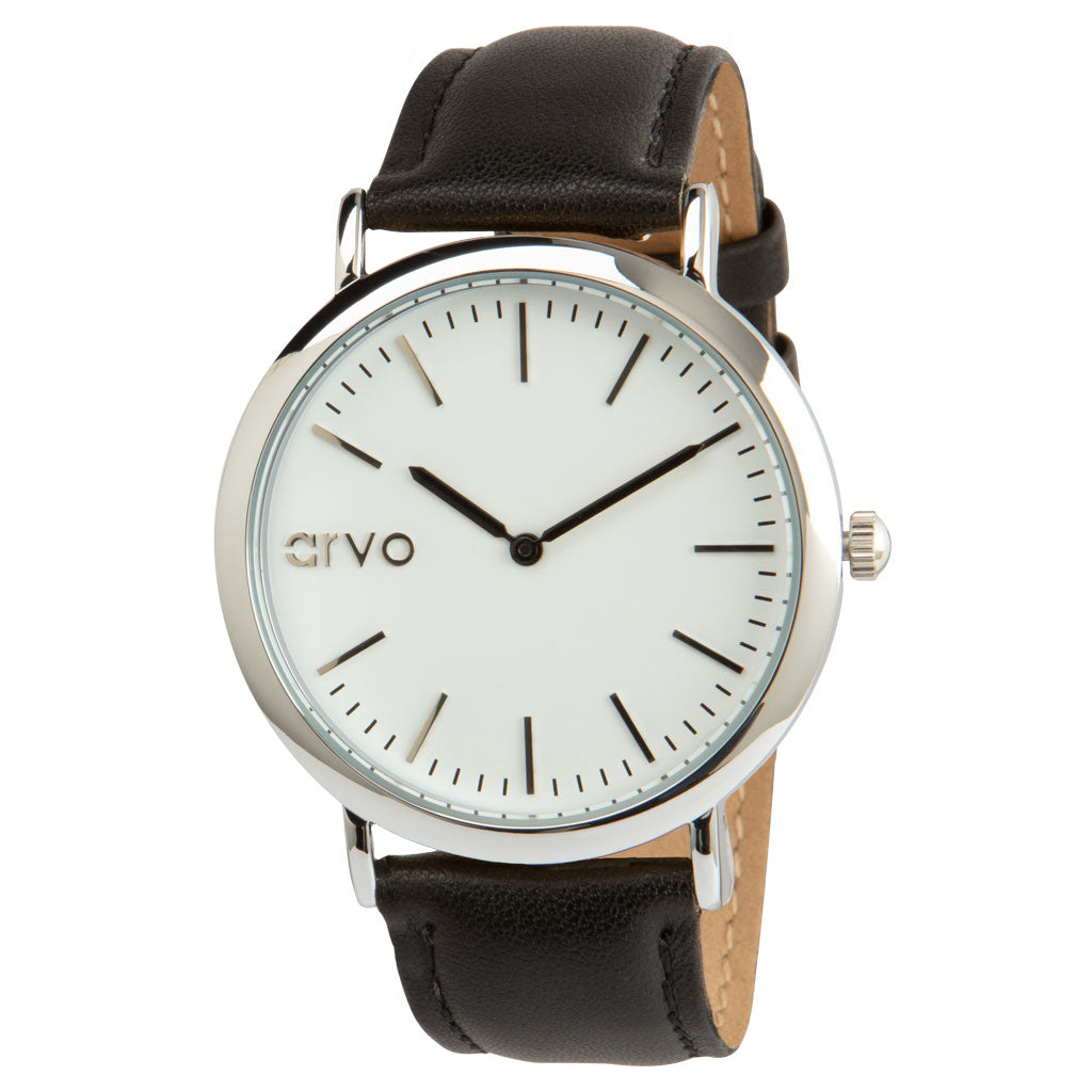 Time Sawyer Watch for men and women with white dial, silver case and a black leather band