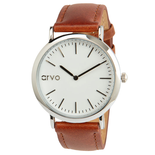 Time Sawyer Watch for men and women with white dial, silver case and brown leather band