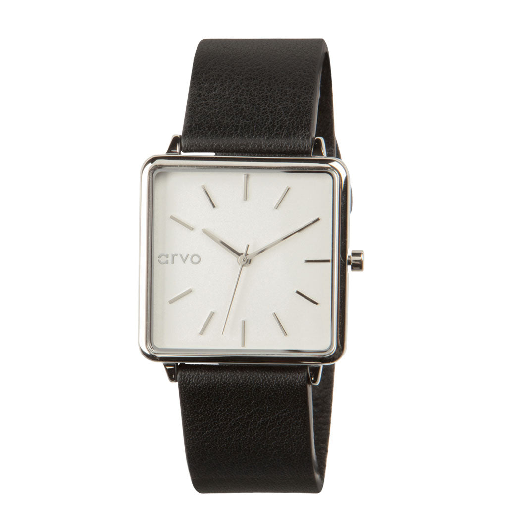 Arvo Time Squared Watch for women - Silver - Black Leather