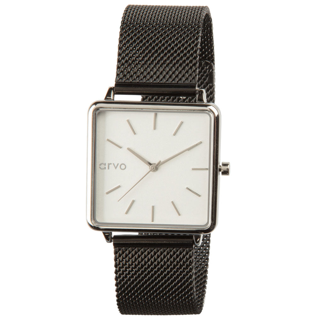 Arvo Time Squared Watch for women - Silver - Black Mesh Band