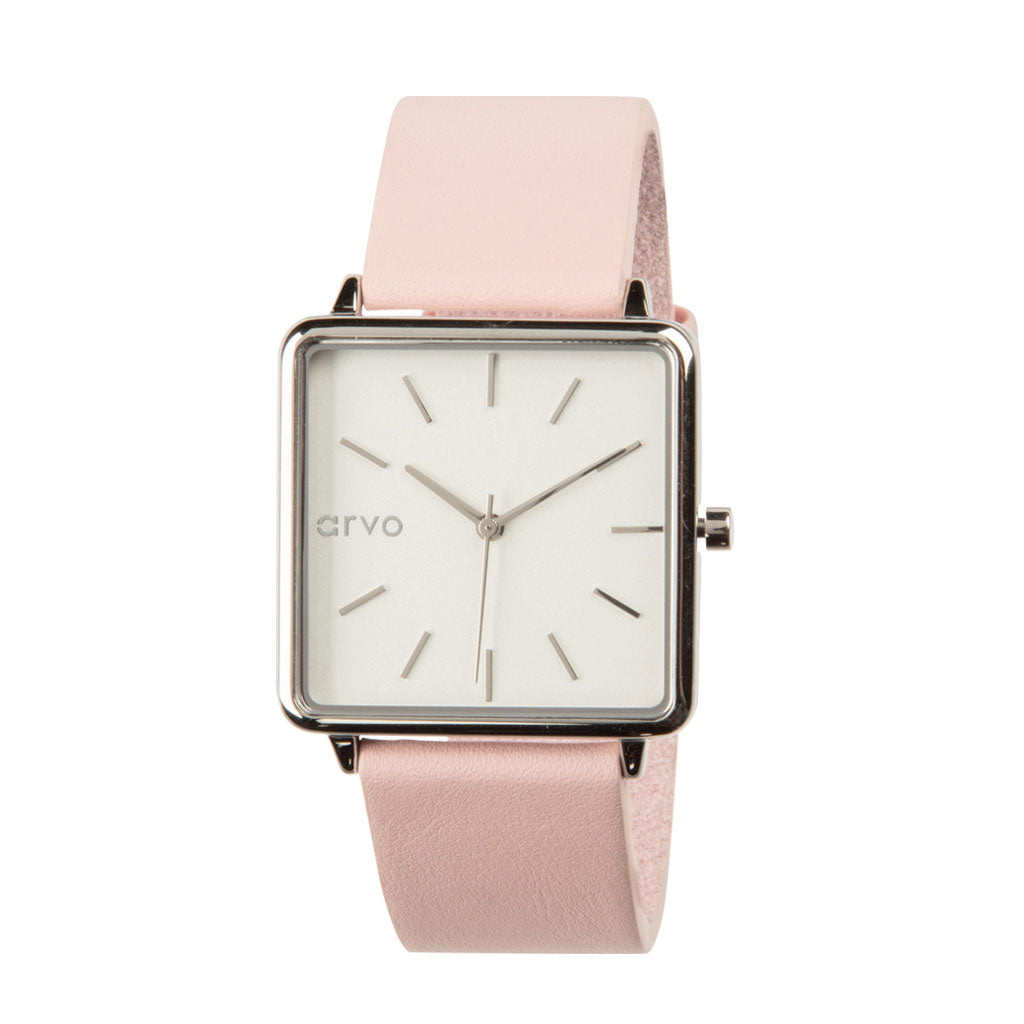 Arvo Time Squared Watch for women - Silver - Blush Pink Leather