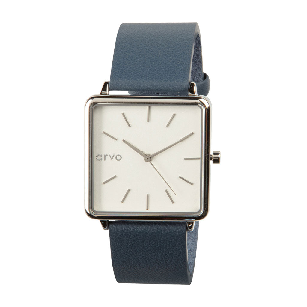 Arvo Time Squared Watch for women - Silver - Marino Blue Leather