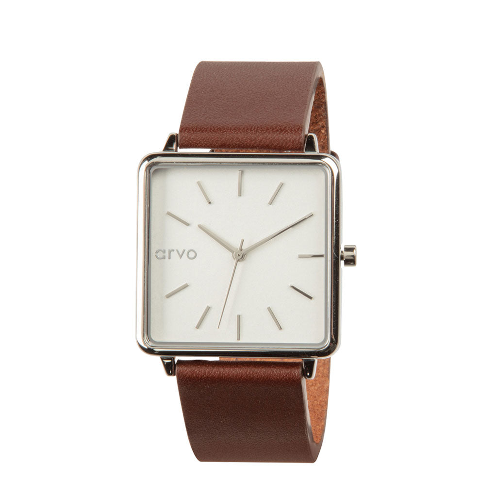 Arvo Time Squared Watch for women - Silver - Saddle Leather