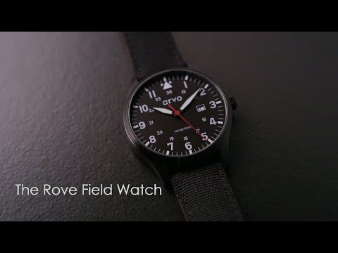 video of an Arvo Rove Field Watch for men with a sky black dial and black canvas strap